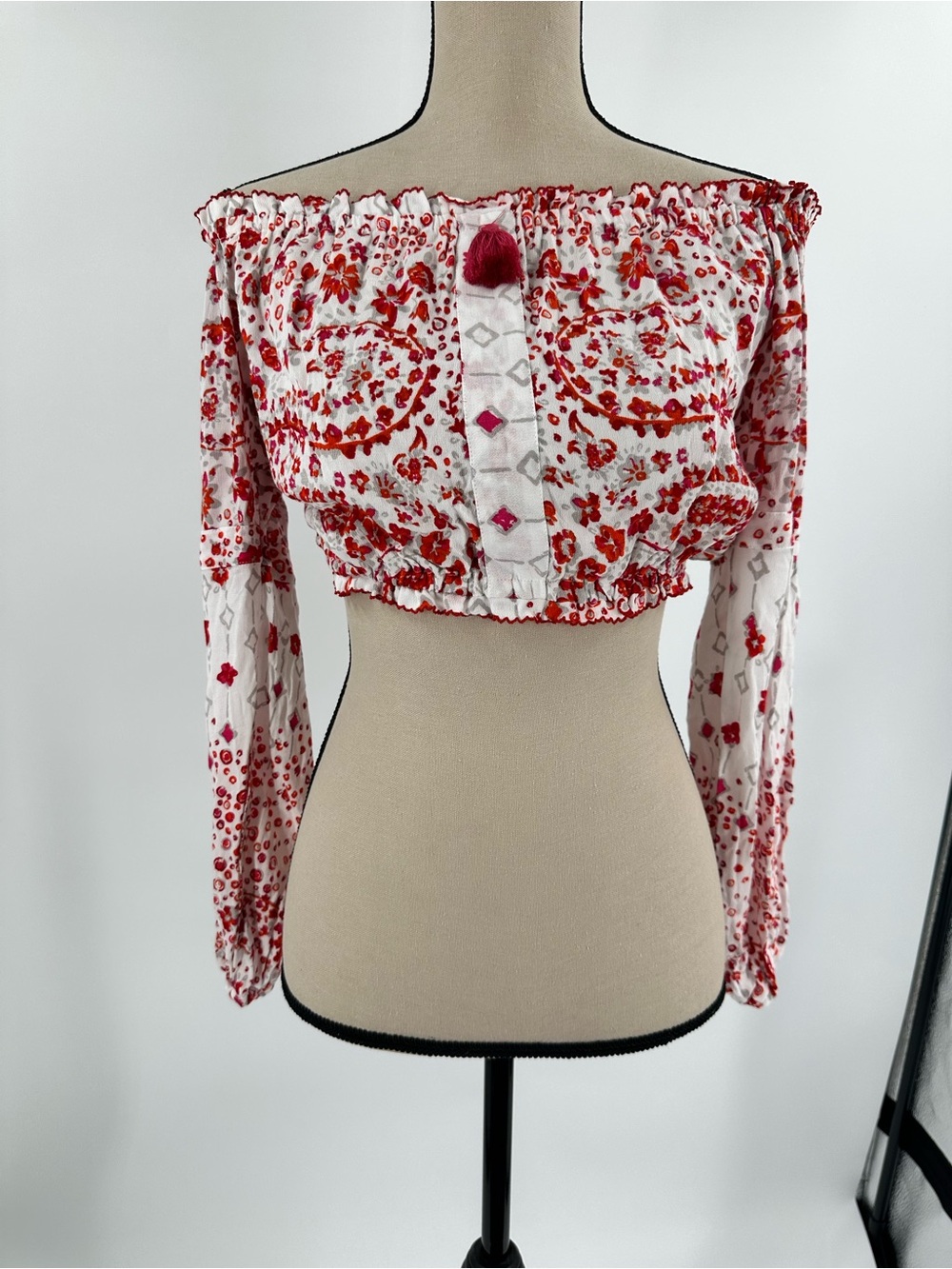 Poupette St Barth Rachel Georgette Smocked Off Shoulder Crop Top XS Pink Paisley